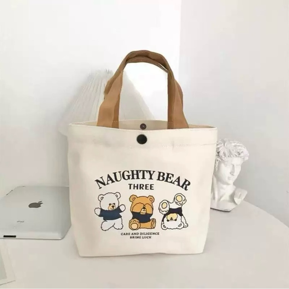Canvas Tote Bag Cartoon Bears - Cream and Tan (Small)
